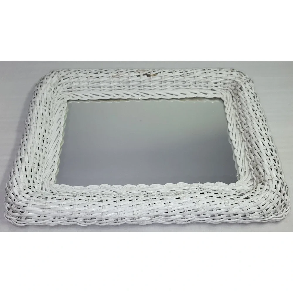 Wicker Wall Mirror Home Decor White Vtg MCM Woven Rectangle Cottagcore READ!